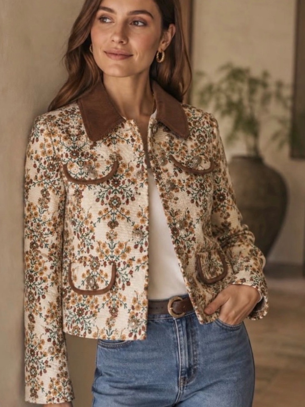 NEW Avec Les Filles Floral Embroidered Cream Jacket with Brown Trim